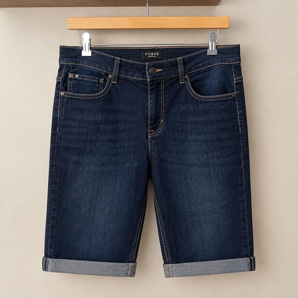 Curve Appeal Womens Dark Wash Denim Bermuda Shorts 10/30 Cuffed Indigo Stretch